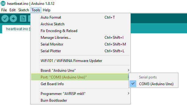 Finding the name of the COM port, here it is 'COM3'.