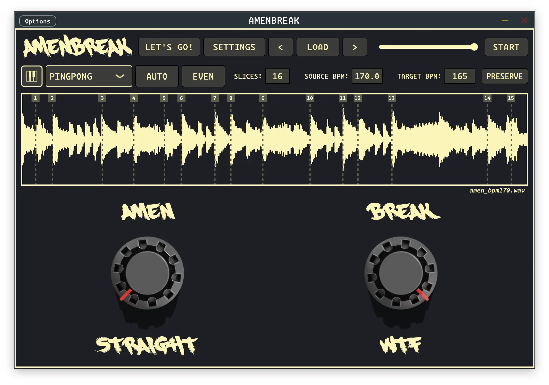 Amenbreak VST main interface with waveform, slicing controls, and Amen and Break knobs