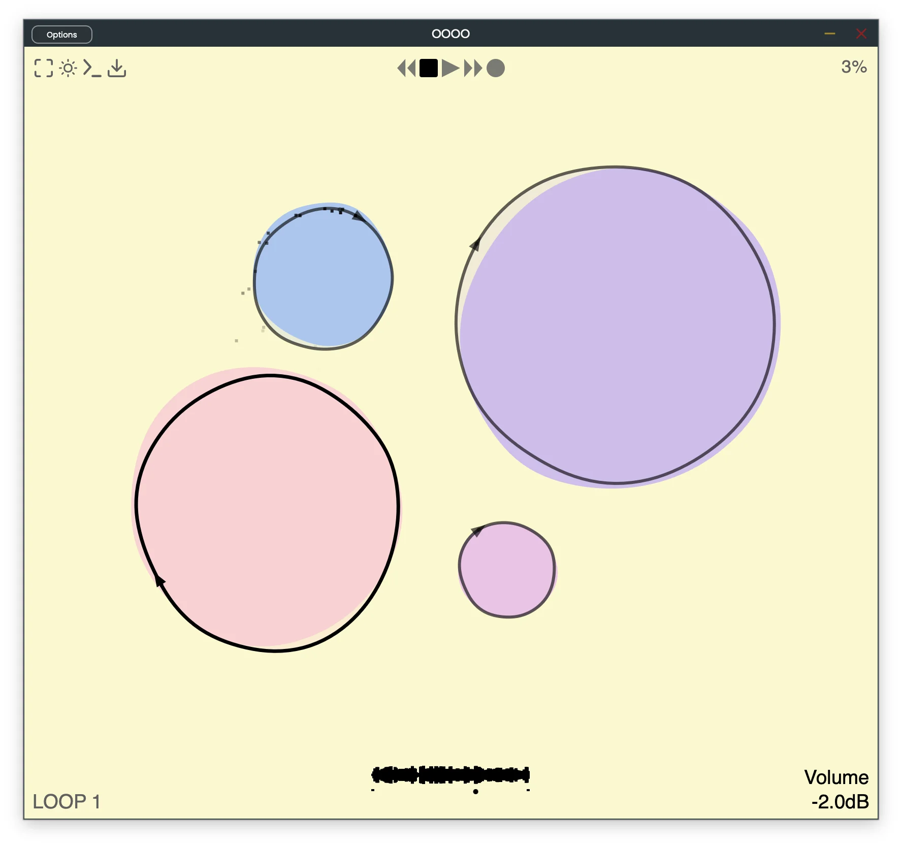 OOOO plugin interface with four colorful looping circles on a pale yellow background