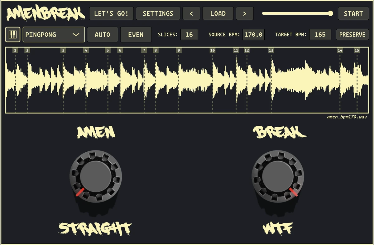 AMENBREAK VST showing a sliced waveform above its AMEN and BREAK performance knobs