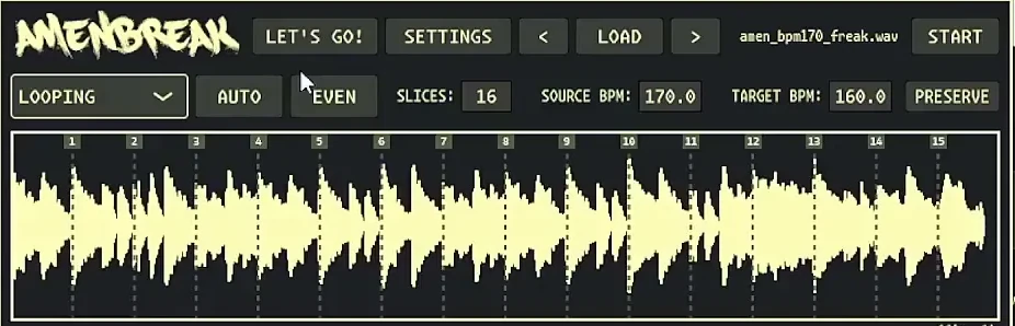 AMENBREAK in an Ableton walkthrough with sixteen slices, source BPM 170, target BPM 160, AUTO and EVEN buttons