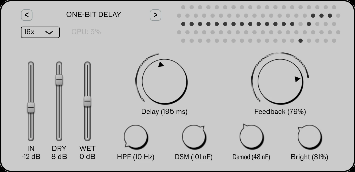One-Bit Delay with IN, DRY, and WET sliders; Delay and Feedback knobs; HPF, DSM, Demod, and Bright tone controls
