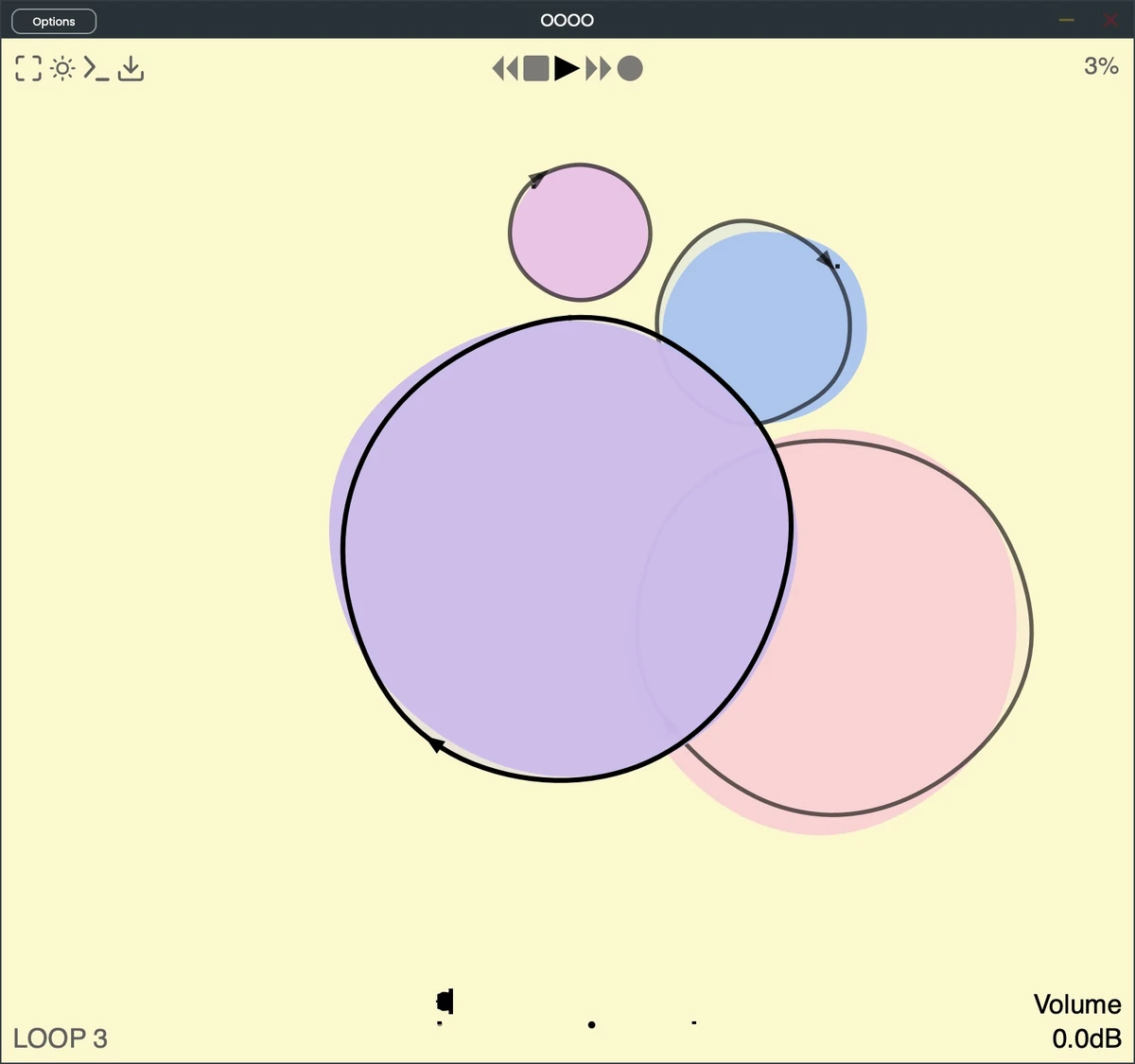 OOOO's light interface showing circular loops, tape transport at the top, and the selected loop's Volume parameter at the bottom