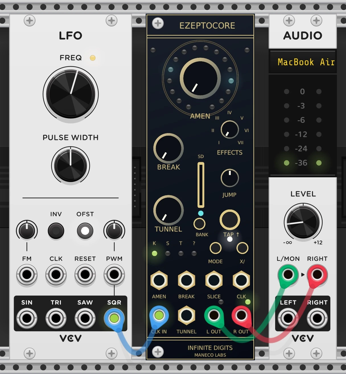 EZEPTOCORE in VCV Rack, patched to a VCV LFO clock and stereo Audio output